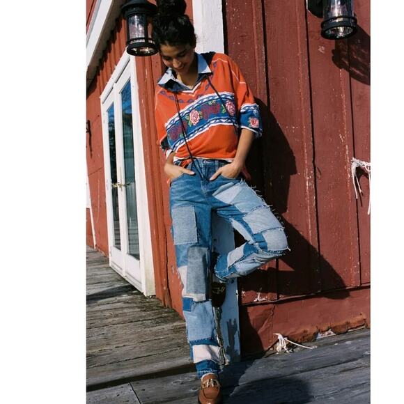 New FREE PEOPLE We The Free Bare With Me Jeans $298 SIZE 25 PATCHWORK DENIM - Picture 1 of 6